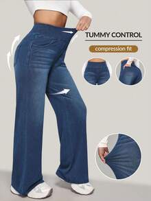 SHEIN PETITE Casual Washed High Waist Straight Leg Jeans - Medium Wash - View 1