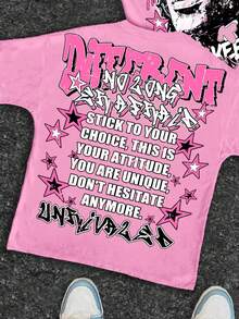 Slaydiva 休闲简约黑色人像图案粉色圆领宽松女式T恤 - 彩色 - 查看 4