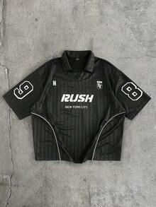 AXEPEAK 男士字母印花短袖休闲时尚街头风Polo衫 - 黑色 - 查看 3