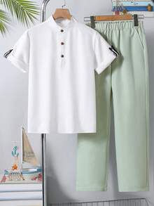 Vacaura 男童休闲立领衬衫+纯色口袋裤套装（2件套），适合日常穿着和户外活动，夏季百搭 - 白色 - 查看 4