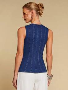 COSMINA 女士牛仔无袖荷叶边下摆弹力修身短款上衣，休闲优雅牛仔无袖背心，收腰牛仔衬衫 - 藍色 - 查看 2