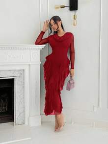 Shopreo Women's Elastic Net Fabric Ruffle Collar Bodycon Dress, Elegant, Long, Spring/Summer - Red - View 5