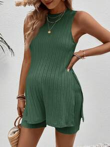 SHEIN 孕妇纯色圆领无袖开衩罗纹休闲两件套，夏季 - 墨綠色 - 查看 3