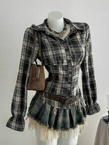 SHEIN LUNE Women's Retro Commuter Waist Cinched Minimalist Plaid Fabric Shirt - Green - View 1