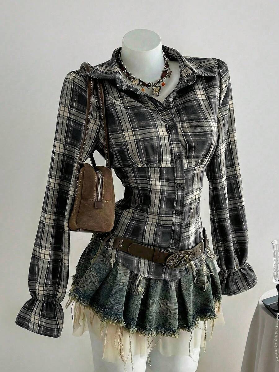 SHEIN LUNE Women's Retro Commuter Waist Cinched Minimalist Plaid Fabric Shirt - Green - View 1