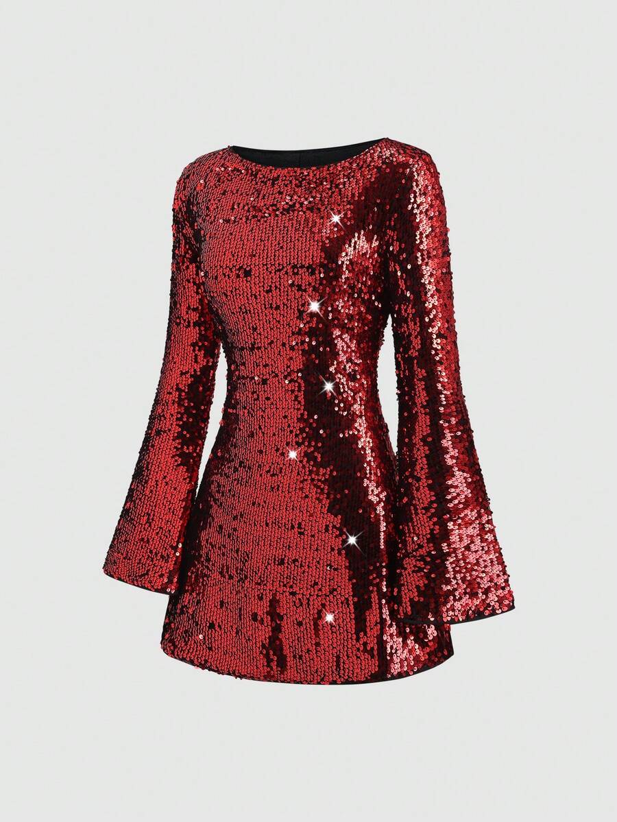 Sweetra Đầm dự tiệc Giáng sinh đính sequin dành cho nữ, đầm lấp lánh, trang phục năm mới, phù hợp cho mùa xuân, thu, đông, dự tiệc, đi làm, mặc hàng ngày, du lịch, kỳ nghỉ, đầm ngắn dáng chữ A tay dài xòe eo màu hồng. - Màu Đỏ Sâu - Xem 1