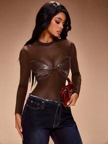 Radiana Women's Sexy Casual Street Burgundy Red PU Patchwork Sheer Mesh Bodysuit, Fashionable Transparent Long Sleeve Top - Brown - View 6