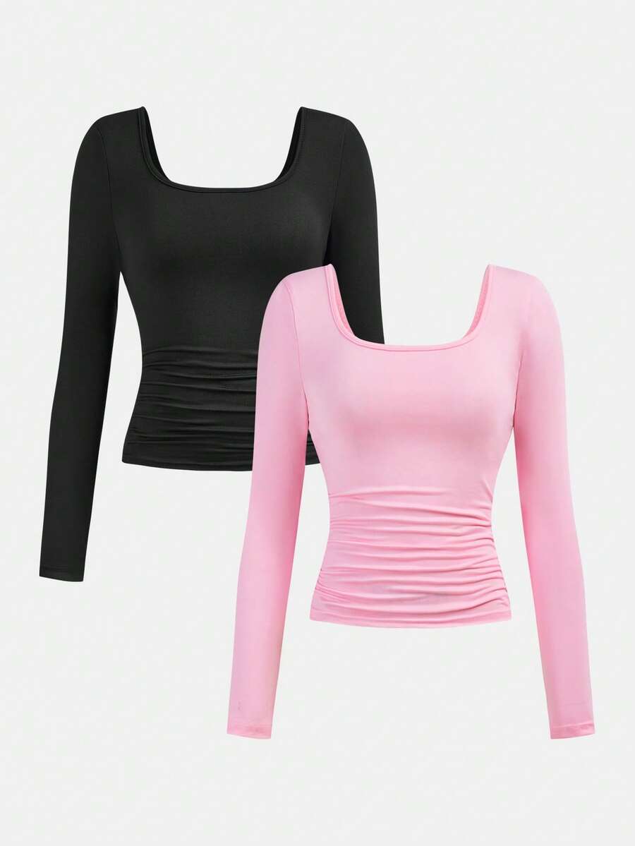 Girlism 2件套少女黑色和粉色针织高领褶皱腰身长袖休闲百搭简约时尚T恤 - 粉色 - 查看 1