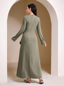 Veilorie Women's Solid Color Long Sleeve Waist Cinched Arabic Style Dress - Green - View 5