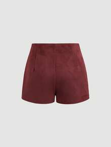 Sweetra Women's Fashionable Vintage Pleated Suede Casual Shorts, Versatile For Daily Commute And Outings, Autumn/Winter - Burgundy - View 2