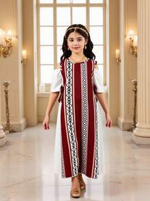 Young Girls Spring/Summer Geometric Print Dress, Woven Fabric White Solid Color Patchwork Geometric Print Dress, Suitable For Spring/Summer, Cute, Elegant, Comfortable Outfit For Girls, Suitable For Daily School, Outings, Vacations, Parties, Holidays Girls Long Dress Long Maxi Dress For Kids Girls Matching Dresses Cotton Long Dresses For Girls Mom Daughter Matching Dresses Kids Dresses