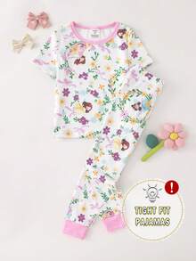 2件套可爱公主风女童碎花印花休闲舒适贴身睡衣套装，短袖上衣和长裤，家居服 - 彩色 - 查看 1