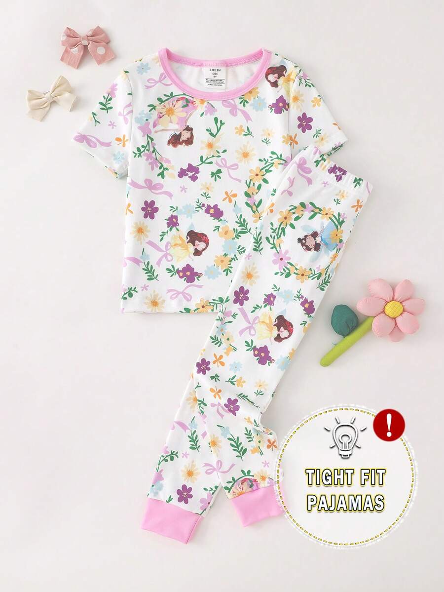 2件套可爱公主风女童碎花印花休闲舒适贴身睡衣套装，短袖上衣和长裤，家居服 - 彩色 - 查看 1