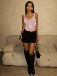 Glamine Sequin Material Red Sexy Crop Top For Women, Christmas Party See Through Top Dress Top See Through Tops Glittery Top - Pink - View 3