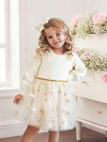 年轻女孩优雅可爱针织撞色网纱亮片长袖连衣裙 - 杏色 - 查看 8