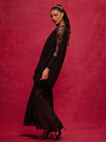 NYA SZN Dress Asymmetrical Off The Shoulder Long Sleeve Loose Bubble Hem Lace Black Flowy Date Modest Luxury Maxi Lenght Outfits For Women - Black - View 7