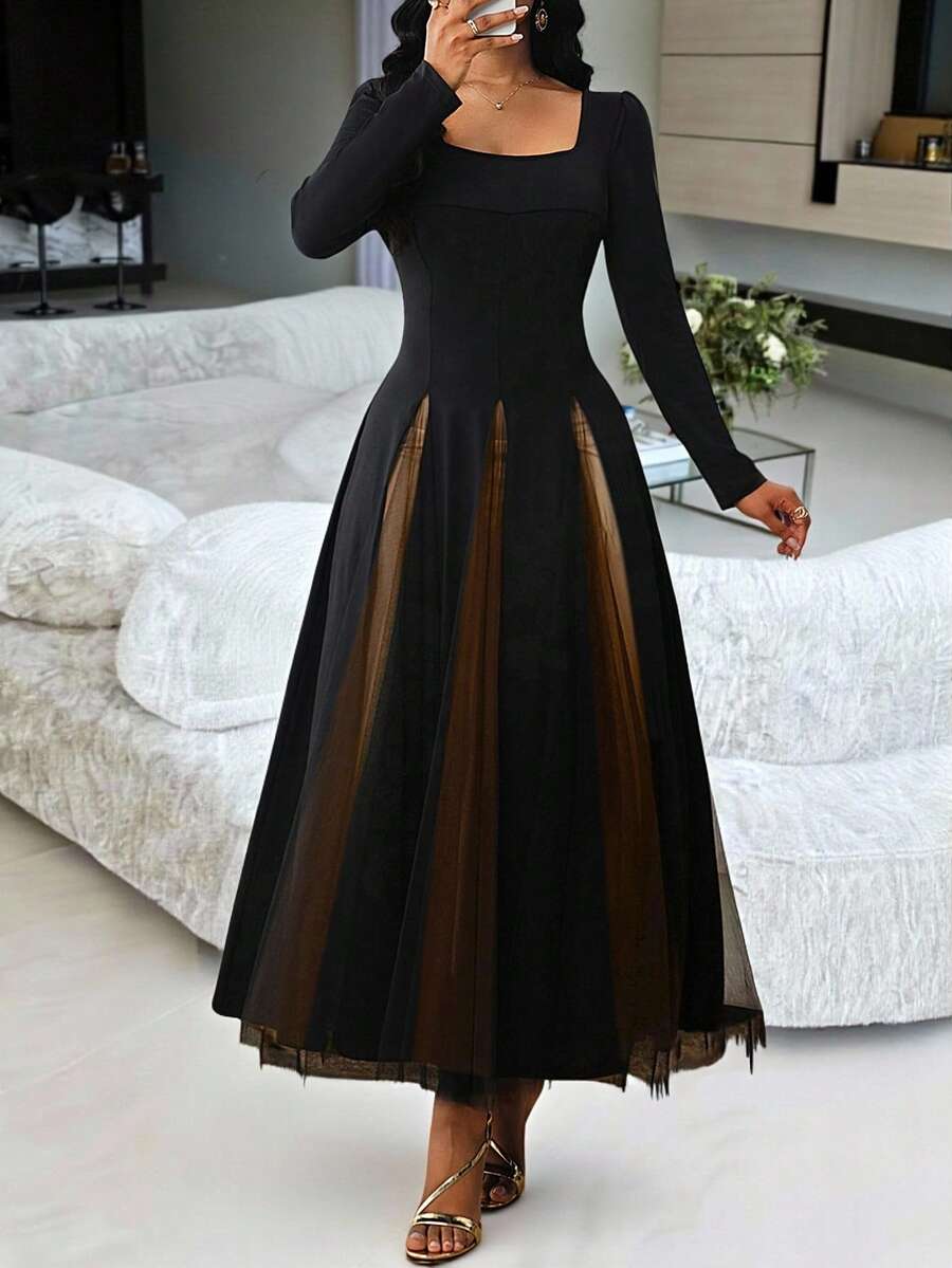 SHEIN Lady 黑色方领网纱拼接优雅长袖连衣裙 - 黑色 - 查看 1