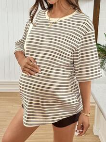 SHEIN Maternity Clothes Maternity Maternity Tops Casual Striped Loose Short Sleeve T-Shirt, Summer - Khaki - View 1