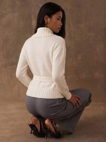 SHEIN BAE Women's Casual Solid Color Lace-Up Wrap Sweater - Apricot - View 2