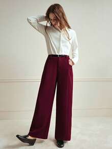 Écloséra 高腰宽松直筒裤，配腰带，卡其色，休闲商务两相宜，春秋季款 - 酒紅色 - 查看 1