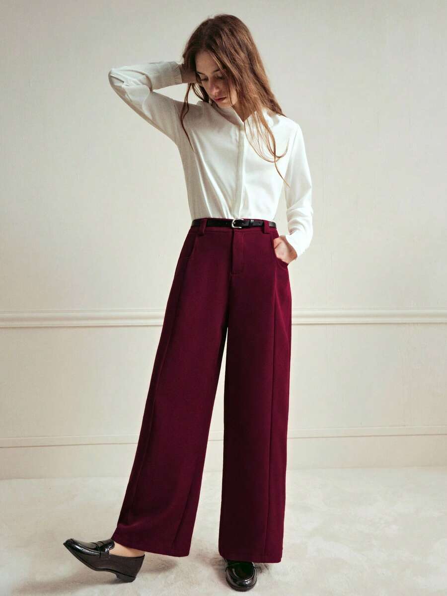Écloséra 高腰宽松直筒裤，配腰带，卡其色，休闲商务两相宜，春秋季款 - 酒紅色 - 查看 1
