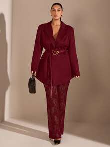 SHEIN BAE Quần skinny xẻ cao xuyên thấu ren đen dành cho nữ cỡ lớn - Màu Đỏ Sâu - Xem 1