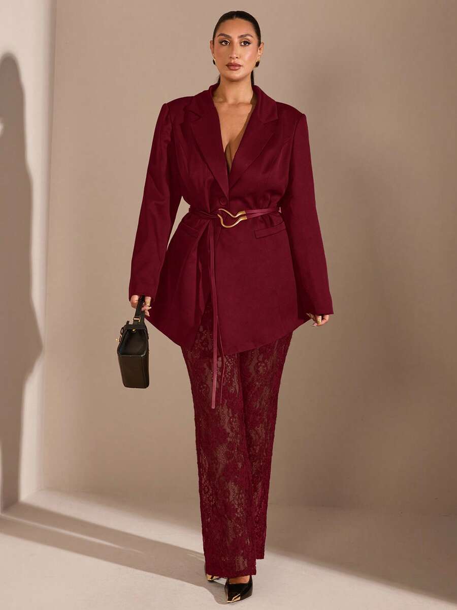 SHEIN BAE Quần skinny xẻ cao xuyên thấu ren đen dành cho nữ cỡ lớn - Màu Đỏ Sâu - Xem 1