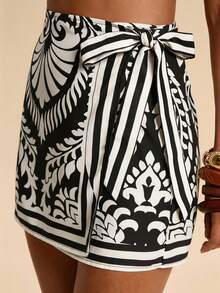 Travachic 女士度假植物印花侧打结裹身休闲裙 - 黑色 - 查看 5