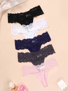 5件/套 女士优雅纯色蕾丝边丁字裤 - 彩色 - 查看 2