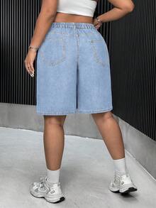 SHEIN ICON 大码纯色休闲牛仔短裤 - 淺色水洗藍 - 查看 2