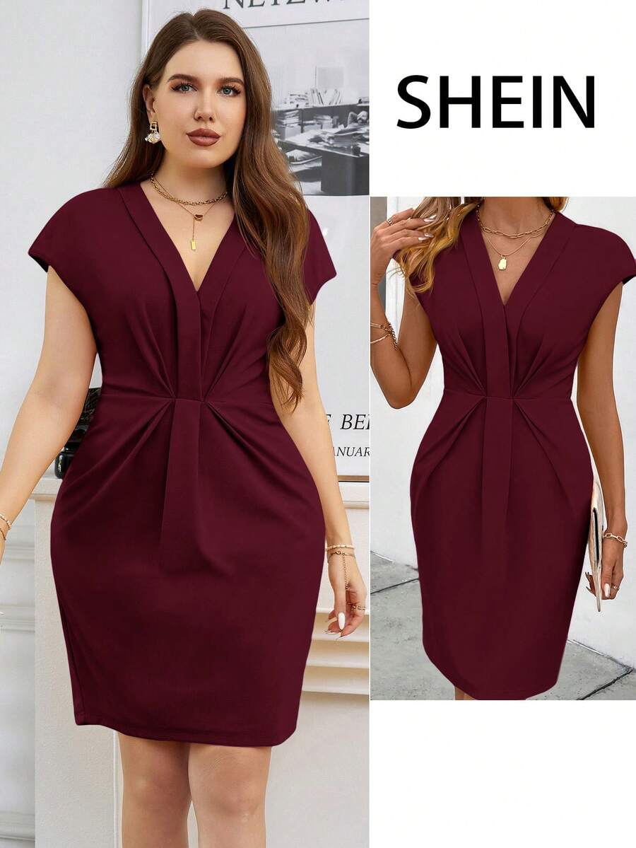 SHEIN Clasi Plus Size Women V-Neck Cap Sleeve Elegant Sheath Dress - Maroon - View 1