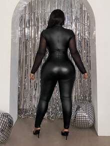 Slaydiva 2026 Spring/Summer New Arrival Women's Fall/Winter Clothes, Music Festival Halloween Costumes, Birthday Dresses, Casual Everyday Wear, Leisure, Cruise Travel, Beach, Sunbathing, Viral Hits. Black Long Sleeve Solid Color Patchwork Mesh Sexy Mesh Jumpsuit, Tight Street Style Romper