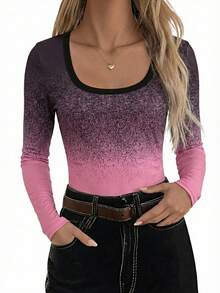 SHEIN LUNE Women's Ombre Scoop Neck Long Sleeve Fitted Fashion T-Shirt - Multicolor - View 4