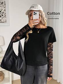 Easowa 圆领蕾丝拼接二合一长袖套头T恤，休闲宽松优雅通勤复古风女装，2025秋冬新款极简主义冬季女式黑色纯色不对称下摆撞色蕾丝优雅T恤缎面蕾丝黑色T恤 - 黑色 - 查看 4