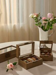 Cirelle 复古木纹手表展示盒 - 带玻璃盖的收藏盒，可用于存放手镯和珠宝，优雅的梳妆台收纳盒 - 彩色 - 查看 2