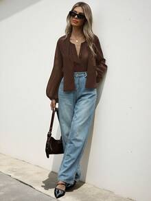 Aveloria Modichic Classic Retro Polka Dot Tie Front Semi-Sheer Blouse, French Style Elegant Business Casual Women  - Coffee Brown - View 4