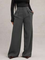 Radiana מכנסיים רחבים בצבע אפור כהה מינימליסטי ואופנתי לנשים במידות גדולות, מתאים לנסיעות, מכנסיים רחבים אפורים, מכנסיים רחבים במותן גבוה, מכנסי חליפה אפורים, מושלם ללבוש אביב וקיץ.