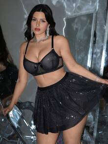 MidnightGlam 3件套加大码女士性感内衣套装，网纱、蝴蝶结装饰和亮片点缀 - 黑色 - 查看 1