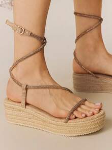 Styleloop 女士编织绳坡跟凉鞋，度假风波西米亚复古美式西部音乐节派对装扮 - 杏色1 - 查看 4