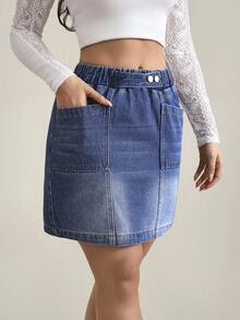 SHEIN Tall 女士松紧腰带口袋休闲牛仔铅笔裙 - 藍色 - 查看 4