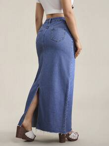 SHEIN Tall 女士带口袋直筒宽松休闲长款牛仔裙 - 藍色 - 查看 2
