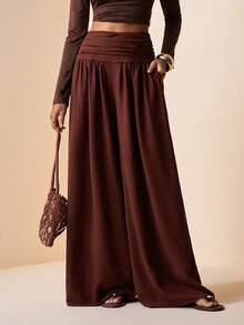 Zivah 2026 Spring/Summer New Music Festival, Easter, St. Patrick's Day, Valentine's Day, Date, Western, Nomadic, Birthday Party, Graduation, College, Student, Daily Casual, All-Match, Leisure, Vacation, Cruise, Beach, Sunbathing, Viral Hit, Streetwear, Wedding Guest, Boho, Commute, Brunch, Airport, Party, Holiday Outing, Office Wear Women's Pleated Pocket Wide Leg Pants, Linen Texture Fabric, Brown - Brown - View 8