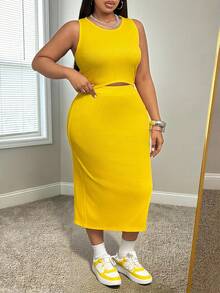 Slaydiva 2026 Spring/Summer New Music Festival, Easter, St. Patrick's Day, Western, Nomadic Style, Birthday Party, Casual, Vacation, Cruise Travel, Beach, Sunbathing, Party & Festival Women's Yellow Cropped Tank Top And Maxi Skirt Set - Yellow - View 6