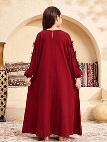 SHEIN 少女复古宽松休闲方领拼接图案长袖连衣裙 - 酒紅色 - 查看 4