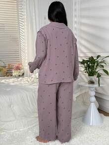 Dazy Plus 2pcs Plus Size Women Ditsy Floral Loose Top With Lace Trim And Casual Pants Pajama Set, Elegant Home Wear - Dusty Purple - View 2