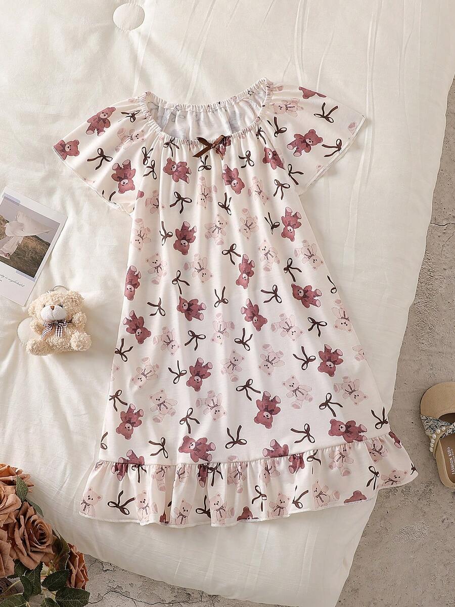 Áo ngủ dáng rộng in hình gấu hoạt hình dễ thương và nơ cho bé gái, nhẹ và thoải mái, thích hợp cho mùa hè. - Màu be - Xem 1