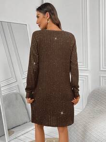 EMERY ROSE Women's Glitter Round Neck Long Sleeve Short Dress Jumper Dress Brown Dress Women Coffee Brown Dress Long Sleeve Dresses Woman - Coffee - View 2
