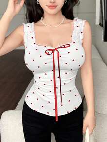 Modelyn Top corto sin mangas con estampado de corazón rojo y lazo, cintura ajustada, moda de verano - Multicolor - Ver 3