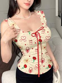 Modelyn Heart Rose, Envelope Print Summer Fashion Tie Bow Knot Slim Fit Bodycon Tank Top For Women - Multicolor - View 1