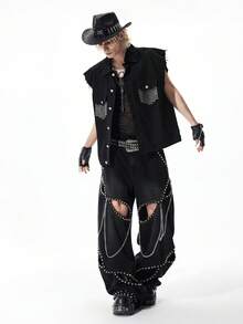 ROMWE MEN Street Life Spring/Summer Casual Graphic Men'S Fashion Commuter Rhinestone Denim Vest - Black - View 8